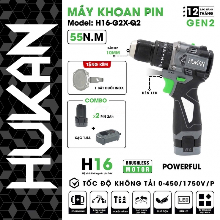 Máy khoan pin Hukan H16-G2C-Q2 ( 16V - 10mm )
