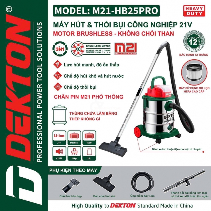 Máy hút bụi 25L dùng pin Dekton M21-HB25PRO ( chưa Pin & Sạc )