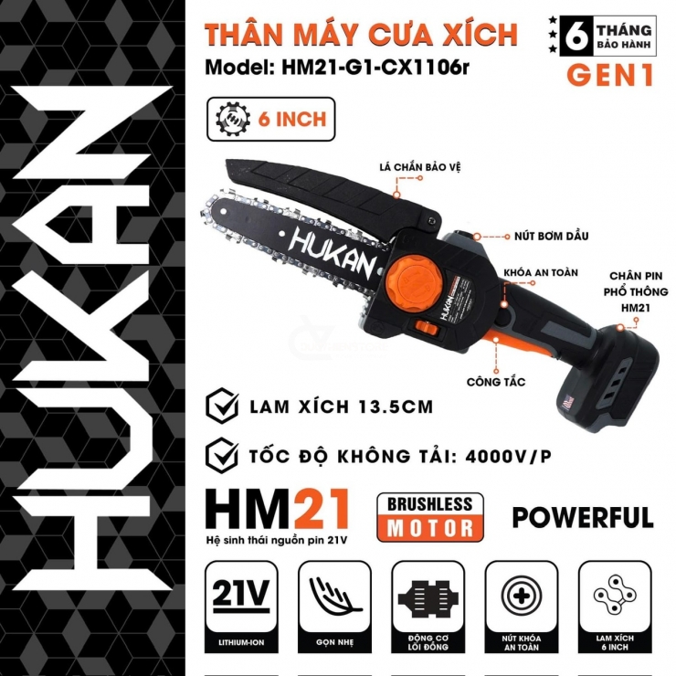 Máy cưa xích 6 inch Pin 21V Hukan HM21-G2-CX11 06r Brushless
