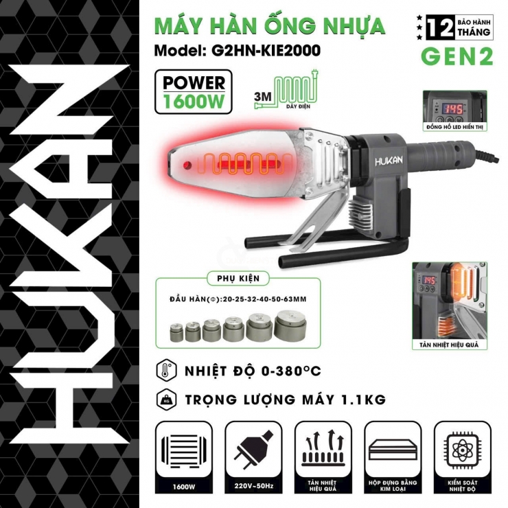 Máy hàn ống nhựa 1600W Hukan G2HN-KIE2000  ( 20-63mm )