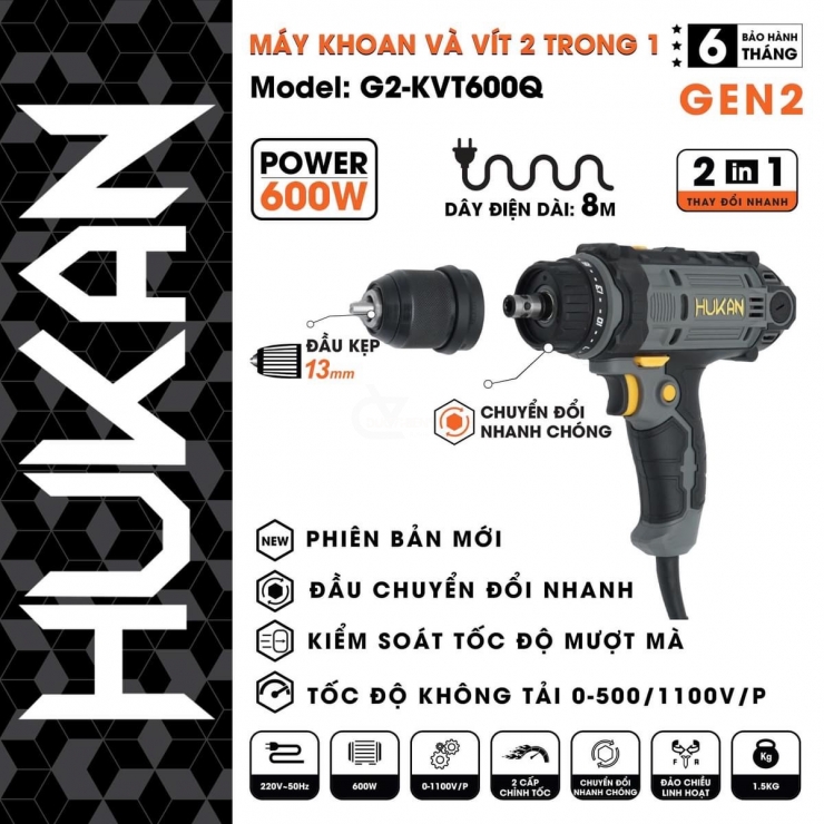Máy khoan và bắt vít điện Hukan G2-KTV600Q ( 2 trong 1 )