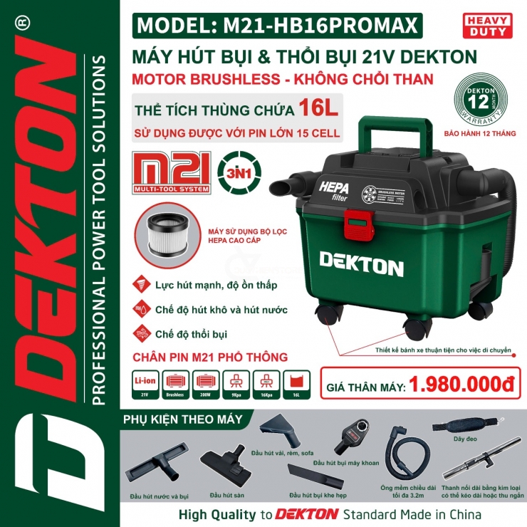 Máy hút bụi dùng pin Dekton M21-HB16PROMAX ( Chưa Pin & Sạc )