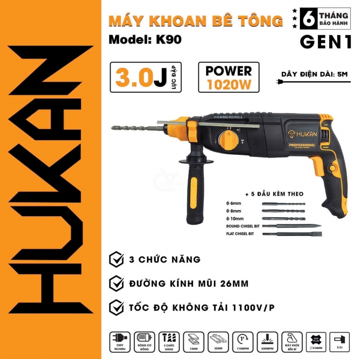 Máy khoan bê tông 3 chức năng Hukan K90