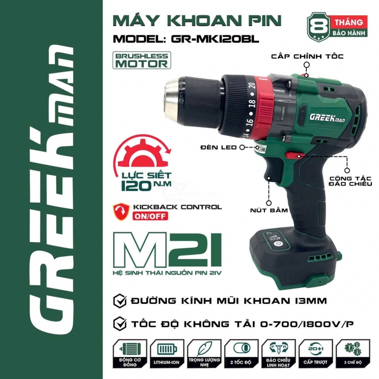 Thân máy khoan pin 120nm Greekman GR-MK120BL ( Chưa Pin & Sạc )