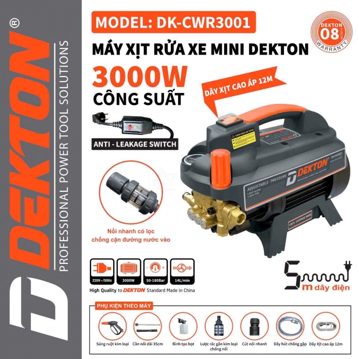 Máy rửa xe cao áp 3000W Dekton DK-CWR3001 chỉnh áp - chống giật