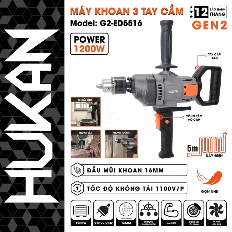 Máy khoan 3 tay cầm 16mm Hukan G2-ED5516 -1200W 