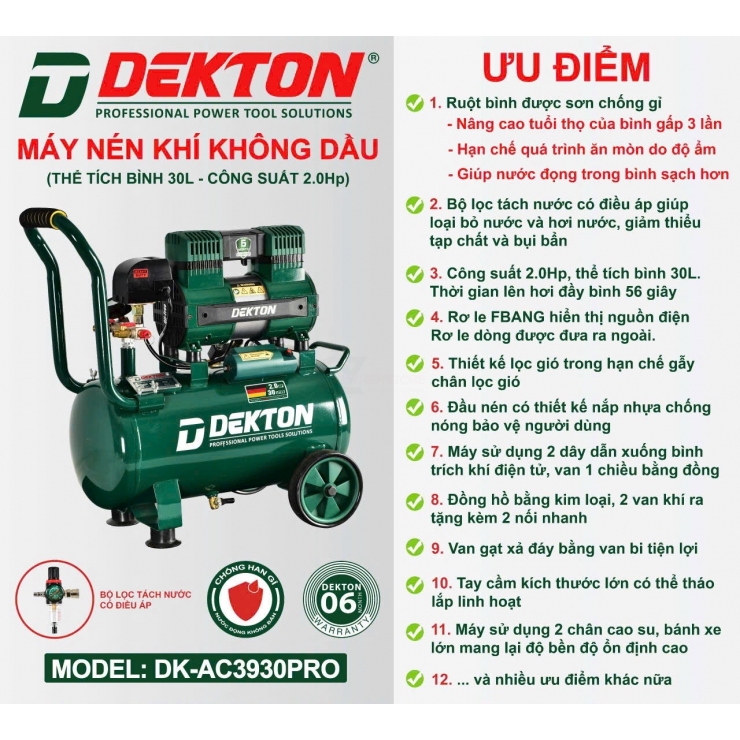 Máy nén khí 30 lít không dầu Dekton DK-AC3930PRO 2.0Hp