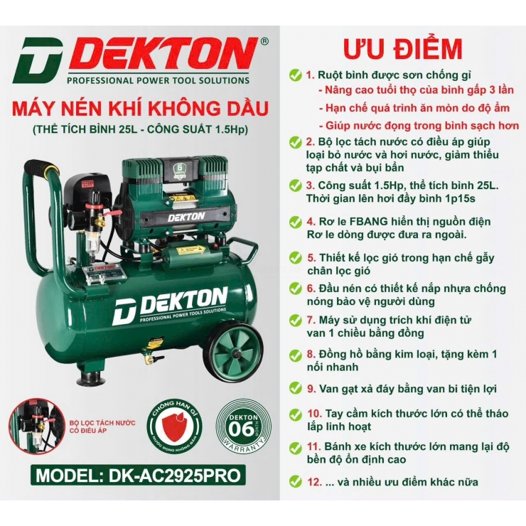 Máy nén khí không dầu 25 lít Dekton DK-AC2925PRO ( 1p15s Đầy Bình )