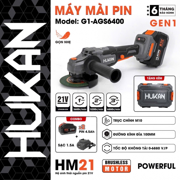 Combo máy mài Pin 21V Hukan G1-AGS6400 ( Brushless )