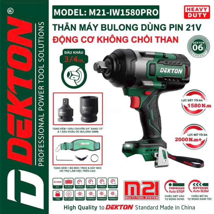 Máy siết bulong 3/4" dùng Pin 21V Dekton M21-IW1580PRO