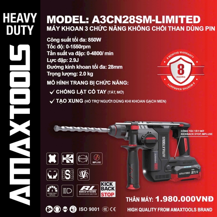 Máy khoan bê tông Pin 21V Amatools A3CN28SM Limited thế hệ VI