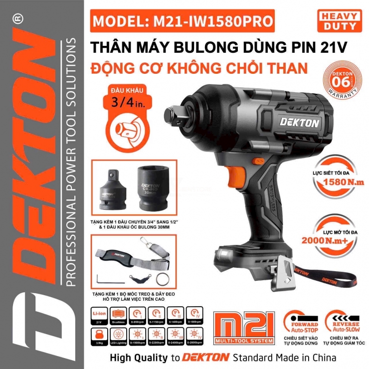 Máy siết bulong 3/4" dùng Pin 21V Dekton M21-IW1580PRO