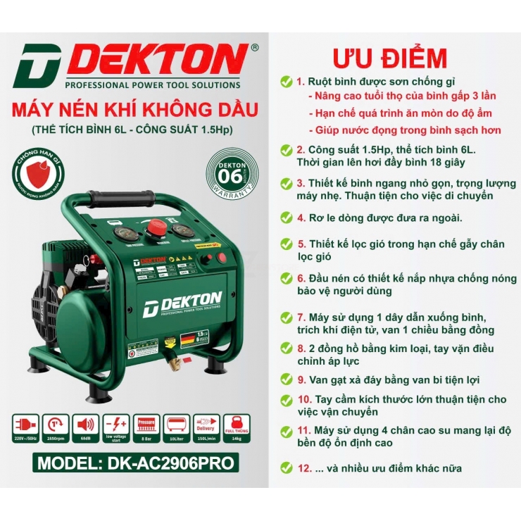 Máy nén khí không dầu 6 lít Dekton DK-AC2906PRO 1.5Hp