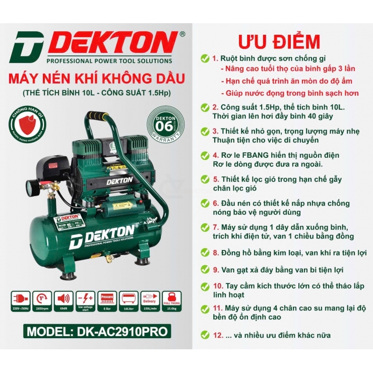 Máy nén khí không dầu 10 lít Dekton DK-AC2910PRO