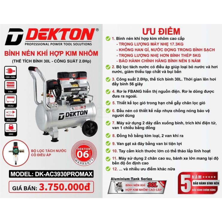 Máy nén khí 30 lít Dekton DK-AC3930PROMAX bình hợp kim nhôm