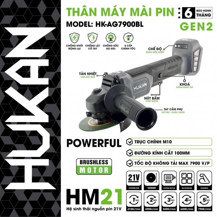 Máy mài Pin 21V Hukan HK-AG7900BL AntikickBack - chỉnh tốc 5 cấp