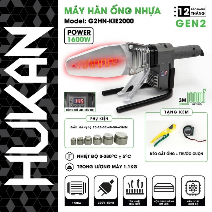 Máy hàn ống nhựa 1600W Hukan G2HN-KIE2000 ( (Φ) 20 - 63mm