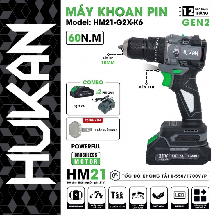 Máy khoan Pin 10mm Hukan HM21-G2C-K6 ( 3 chức năng )