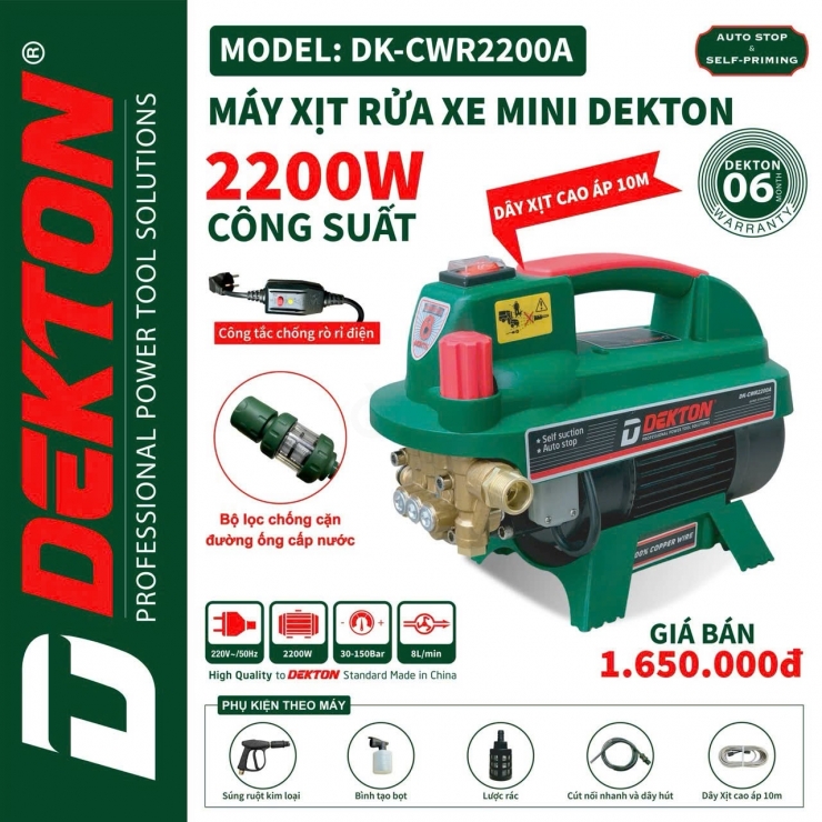 Máy rửa xe 2200W Dekton DK-CWR2200A chỉnh áp -  chống giật