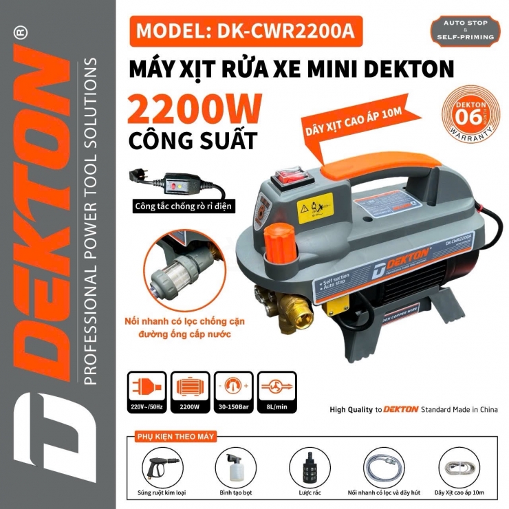 Máy rửa xe 2200W Dekton DK-CWR2200A chỉnh áp -  chống giật