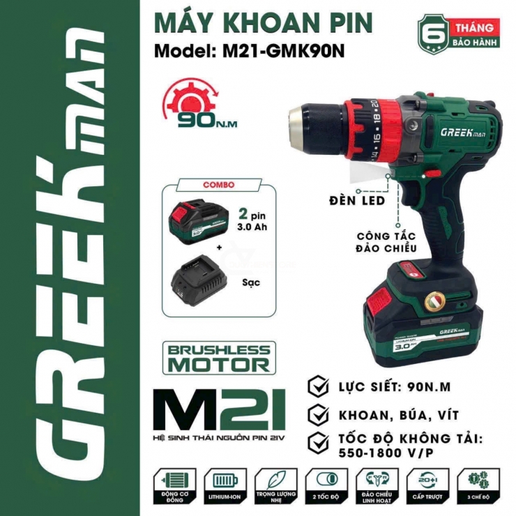Máy khoan Pin 21V Greekman M21-GMK90N Brushless