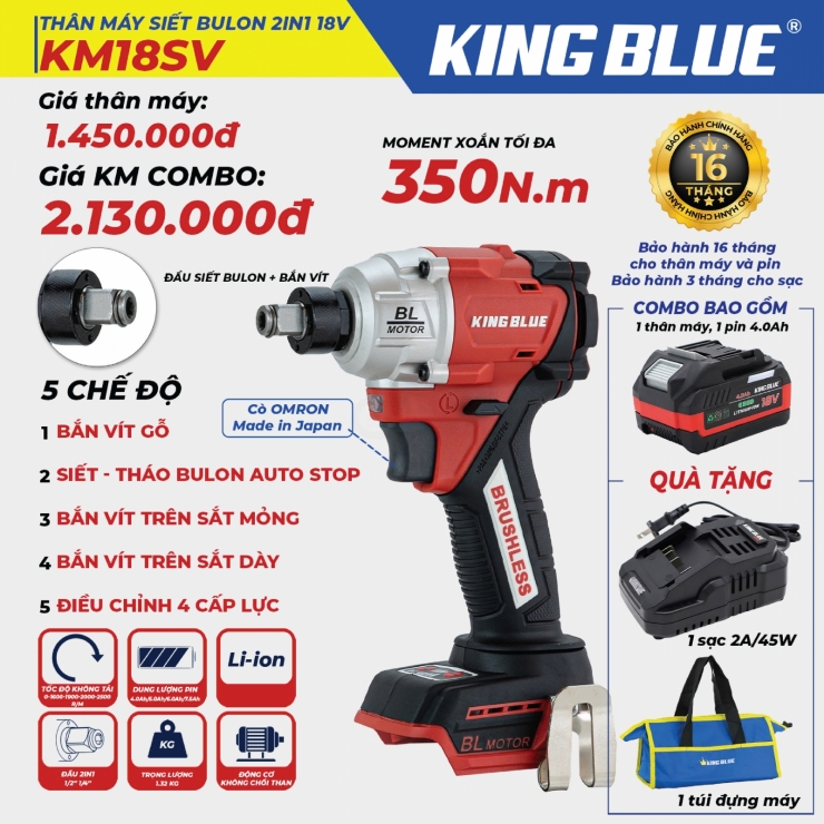 Máy bắn vít & bulong Kingblue KM18SV ( đầu 2 trong 1 )