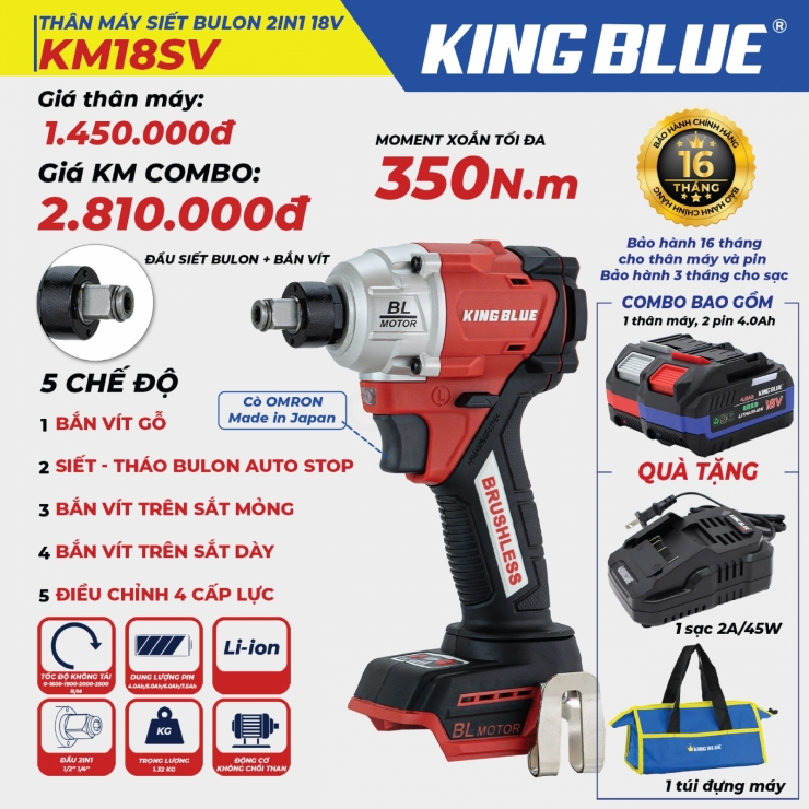 Máy bắn vít & bulong Kingblue KM18SV ( đầu 2 trong 1 )
