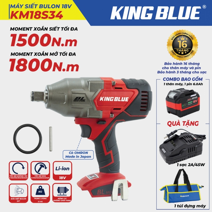 Máy siết bulong Pin 1500Nm KingBlue KM18S34 ( cốt 3/4inch )