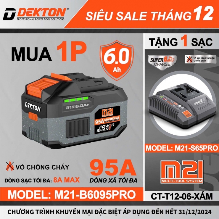 Pin 21V Dekton M21-B6069PRO ( 15 cell 6.0Ah xả 95A )
