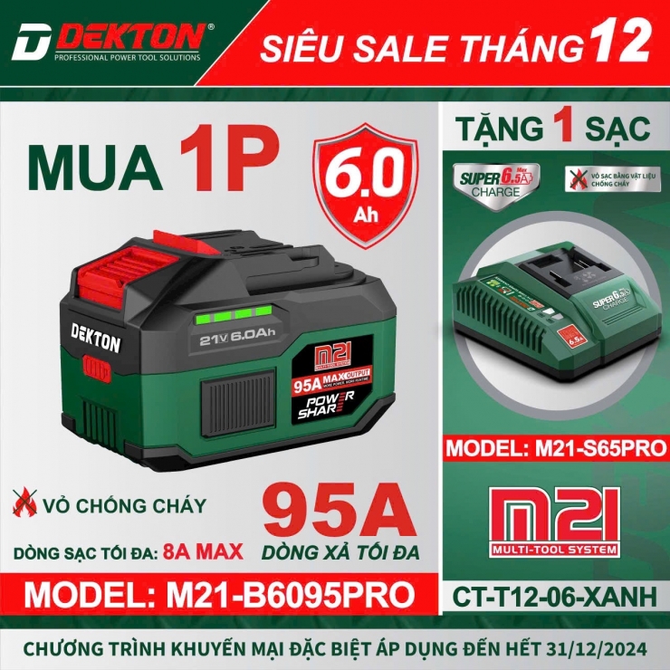 Pin 21V Dekton M21-B6069PRO ( 15 cell 6.0Ah xả 95A )