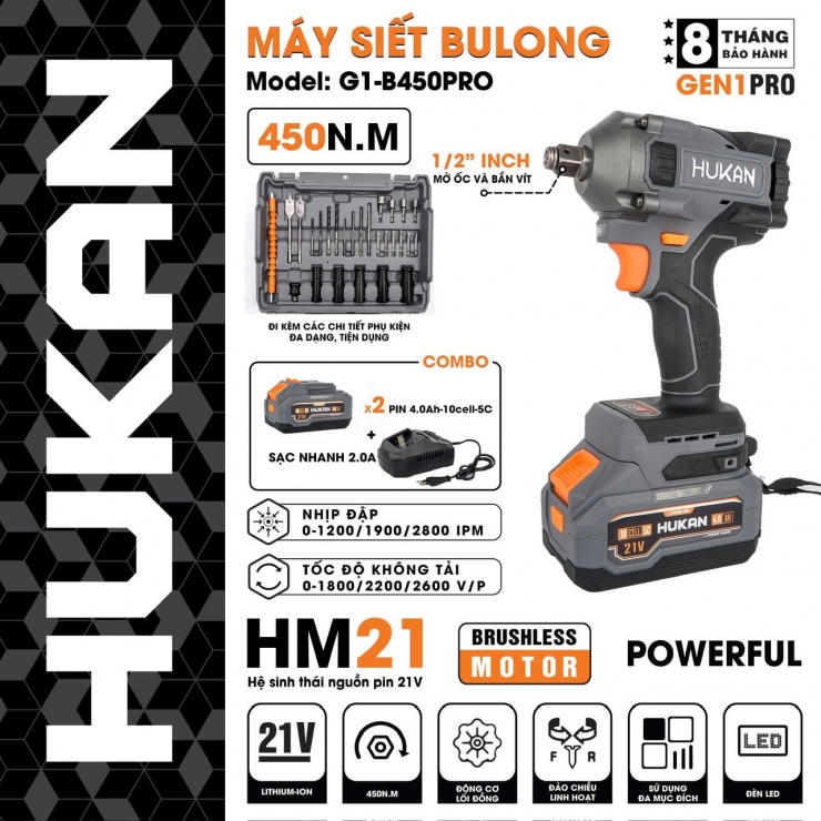 Máy siết bulong 450Nm Pin 21V Hukan G1-B450PRO