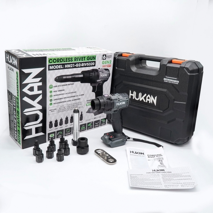 Máy rút đinh tán & Rive Pin 21V Hukan HM21-G2-RIV5320 Brushless ( 2 trong 1 )