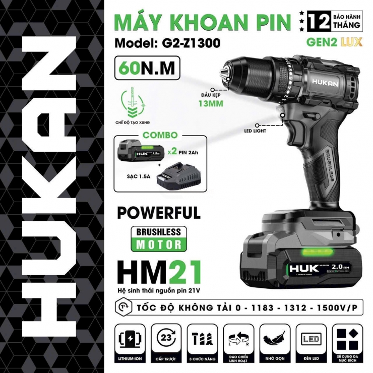 Máy khoan Pin 60Nm Hukan G2-Z1300 Brushless - Tạo xung / Turbo 3 cấp / Auto Drill