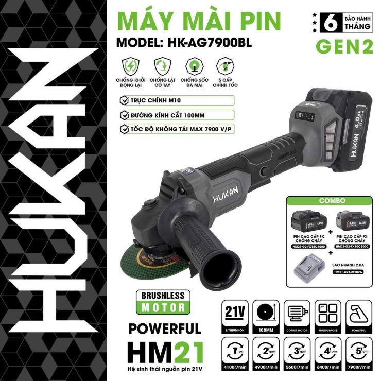 Máy mài Pin 21V Hukan HK-AG7900BL AntikickBack - chỉnh tốc 5 cấp