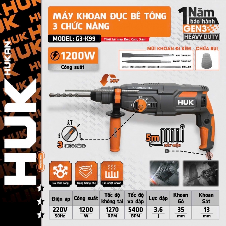 Máy khoan bê tông 1200W Hukan G3-K99