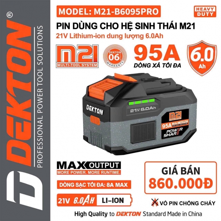 Pin 21V Dekton M21-B6069PRO ( 15 cell 6.0Ah xả 95A )