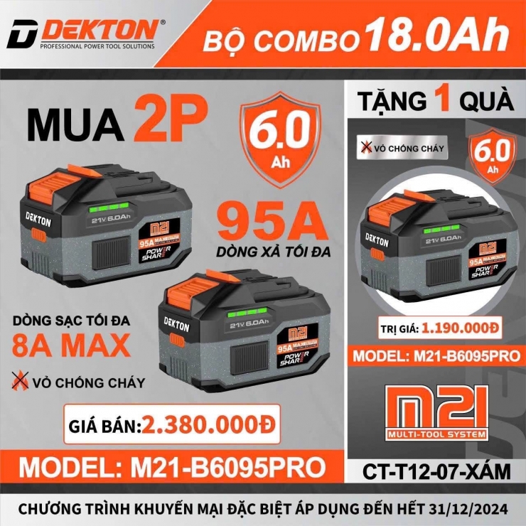 Pin 21V Dekton M21-B6069PRO ( 15 cell 6.0Ah xả 95A )