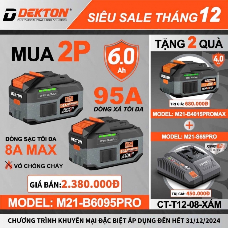Pin 21V Dekton M21-B6069PRO ( 15 cell 6.0Ah xả 95A )