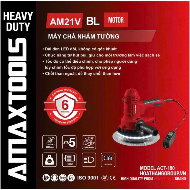 Máy chà nhám tường 180mm Amaxtools ACT-180 Đèn Led Đôi