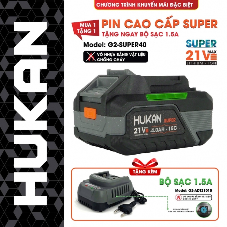 Pin 21V 4.0Ah Hukan G2-SUPER40 dòng xả cao 15C-80A