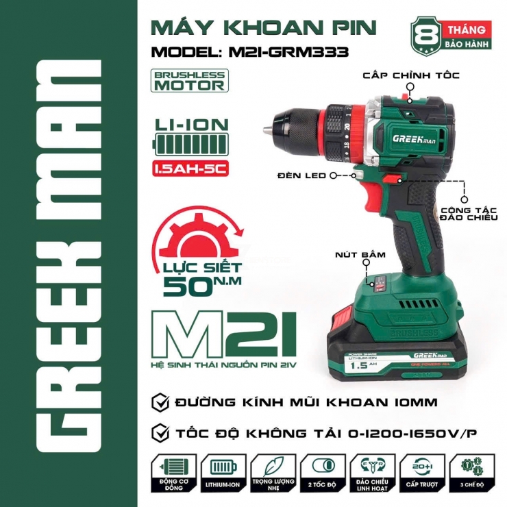 Máy khoan Pin 10mm Greekman M21-GRM333 Brushless