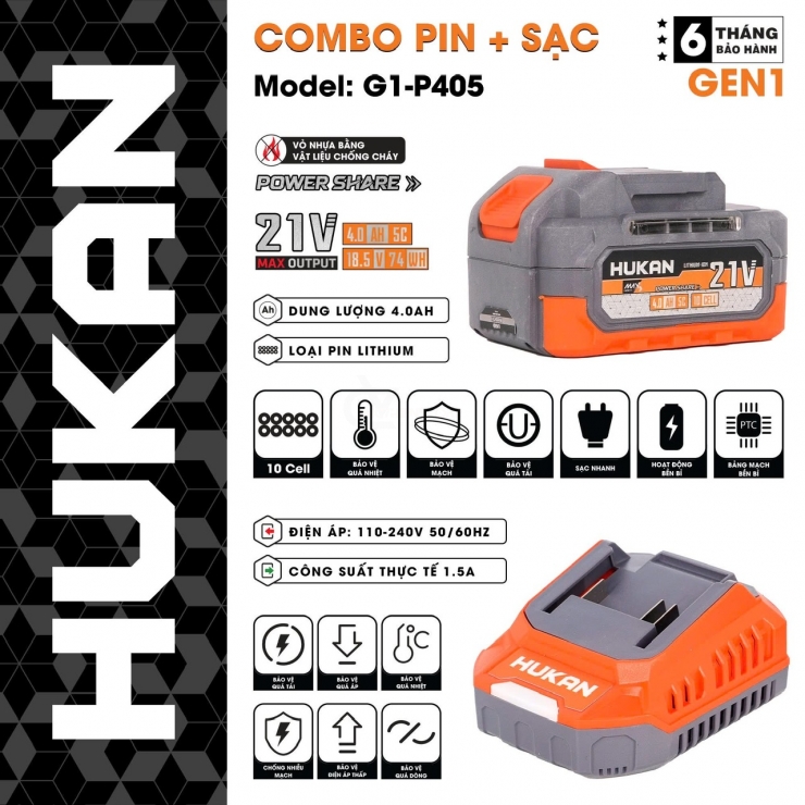Pin 21V 4.0Ah Hukan M21-G1-P405 ( kèm sạc 1.5A )