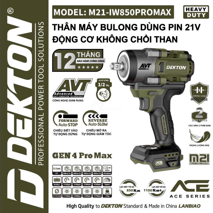 Thân máy siết bulong 680Nm Pin 21V Dekton M21-IW680PROMAX AVT Gen4 ( chưa Pin & Sạc )