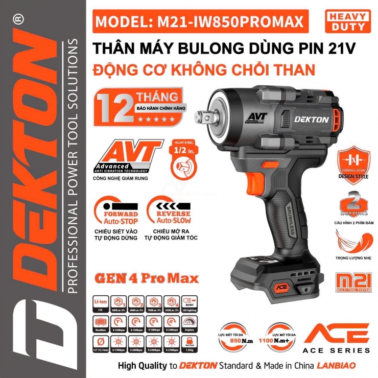 Thân máy siết bulong 680Nm Pin 21V Dekton M21-IW680PROMAX AVT Gen4 ( chưa Pin & Sạc )