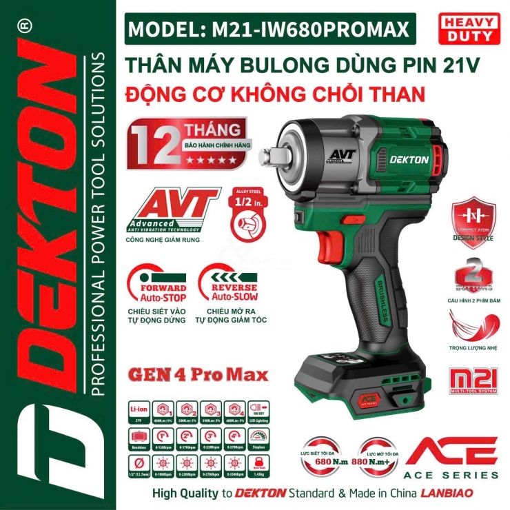 Thân máy siết bulong 680Nm Pin 21V Dekton M21-IW680PROMAX AVT Gen4 ( chưa Pin & Sạc )
