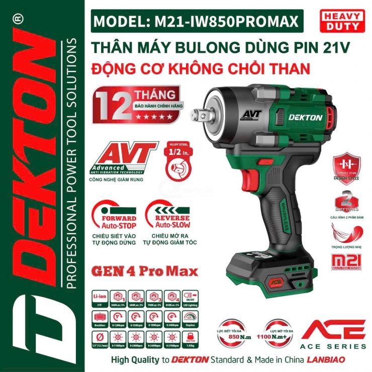 Thân máy siết bulong 850Nm Pin 21V Dekton M21-IW850PROMAX Gen4