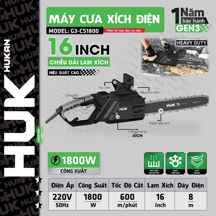 Máy cưa xích điện 16 inch Hukan G3-CS1800 Gen3
