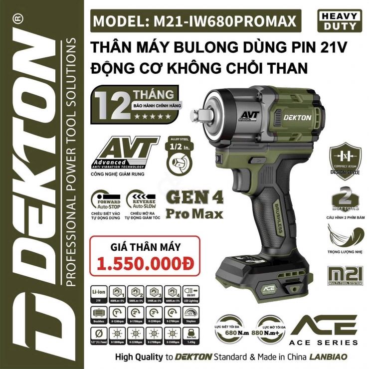 Máy siết bulong Pin 680Nm Dekton M21-IW680PROMAX AVT