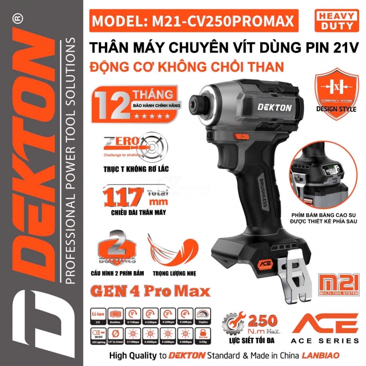 Máy bắn vít Pin 21V Dekton M21-CV250PROMAX Gen 4