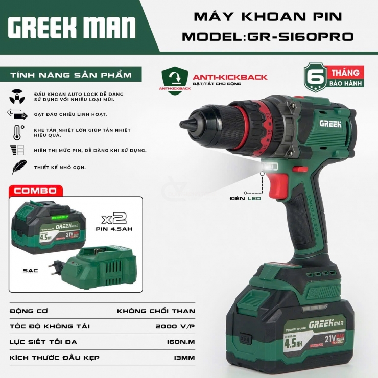 Máy khoan Pin 160Nm Greekman GR-S160PRO Antikick Back On/Off